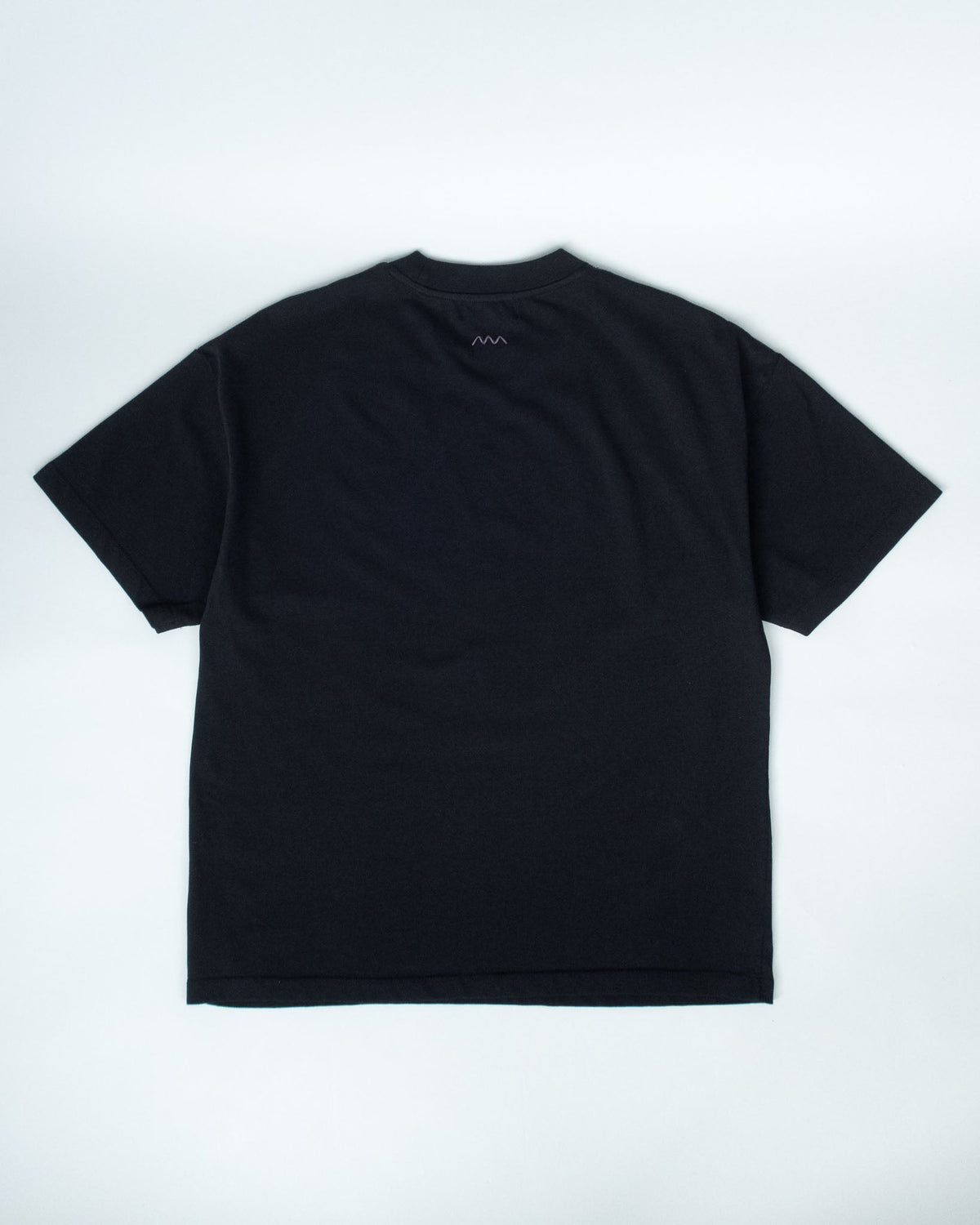 A black short-sleeve crewneck t-shirt shown from the back, laid flat against a light gray background.