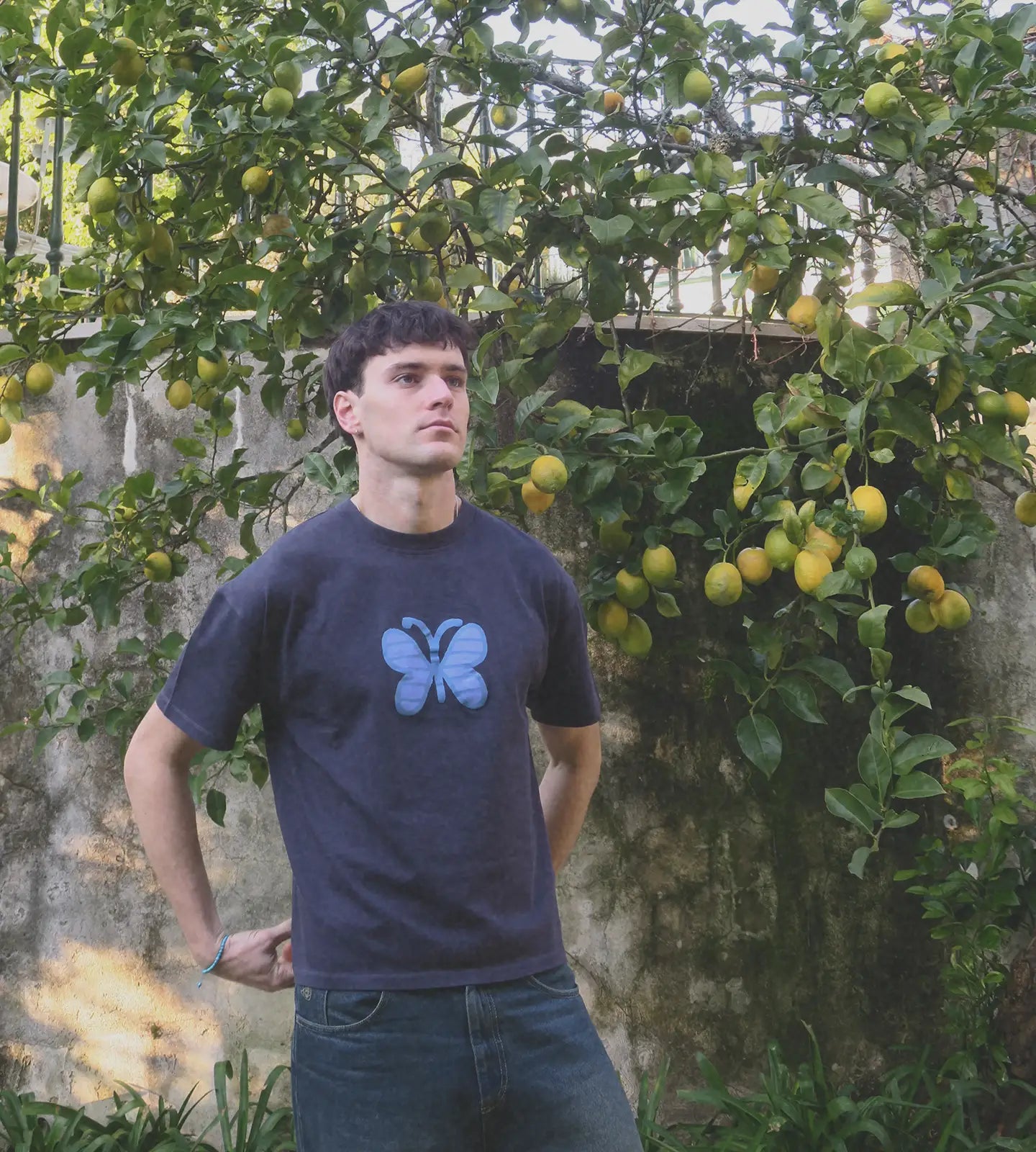 Man wearing a navy blue t-shirt with a butterfly design in front of a lemon tree.