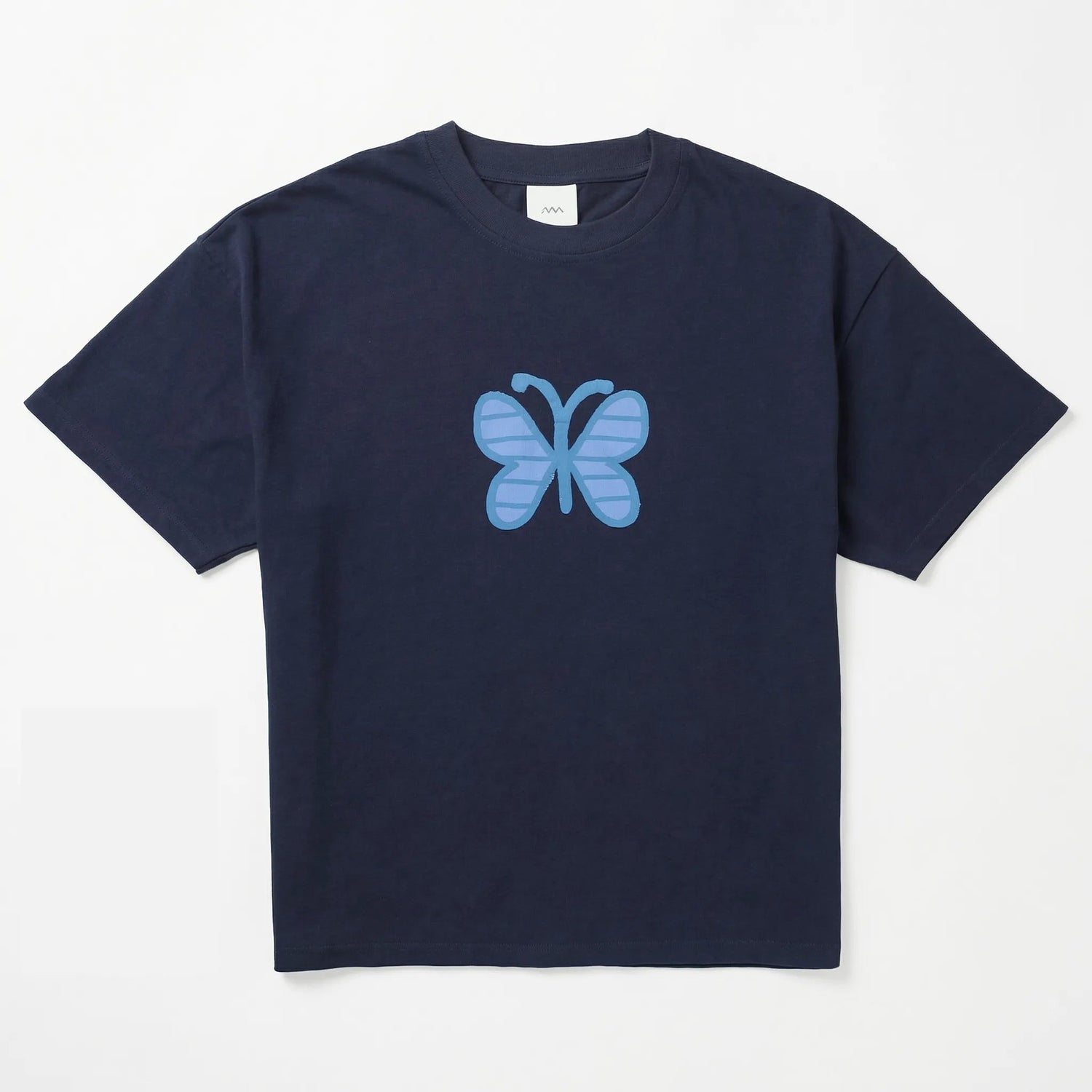 Navy blue t-shirt with a blue butterfly design on a white background