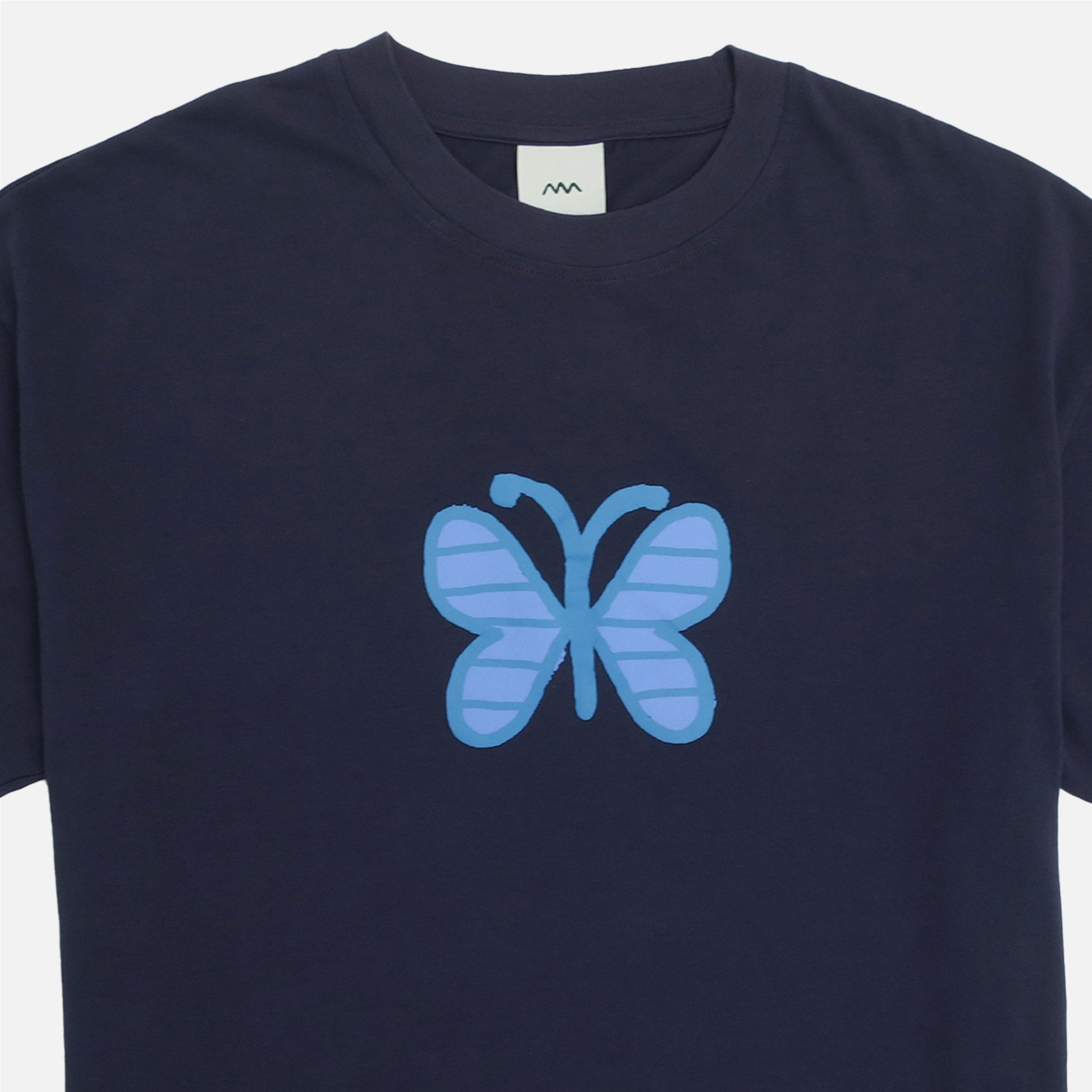 Navy blue t-shirt with a blue butterfly design on a white background