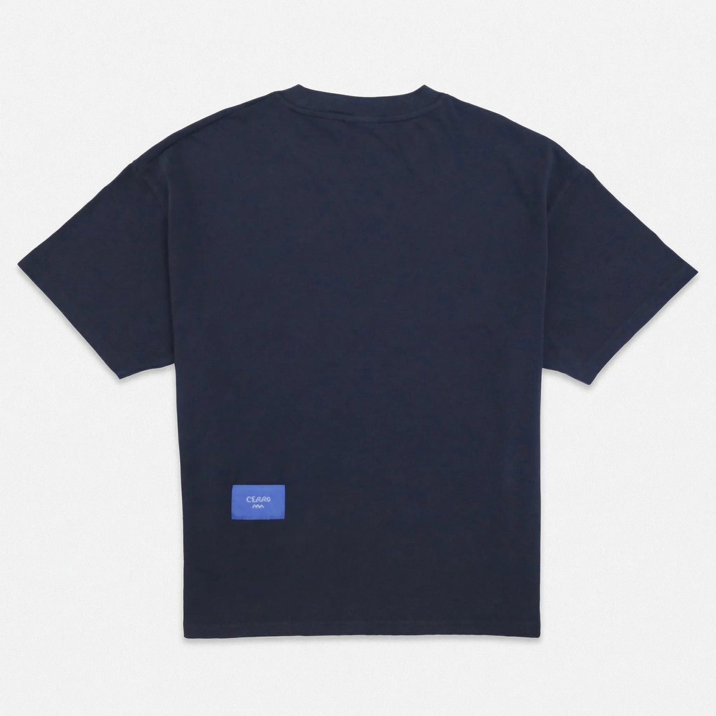 Navy blue t-shirt with a small logo on the back against a white background