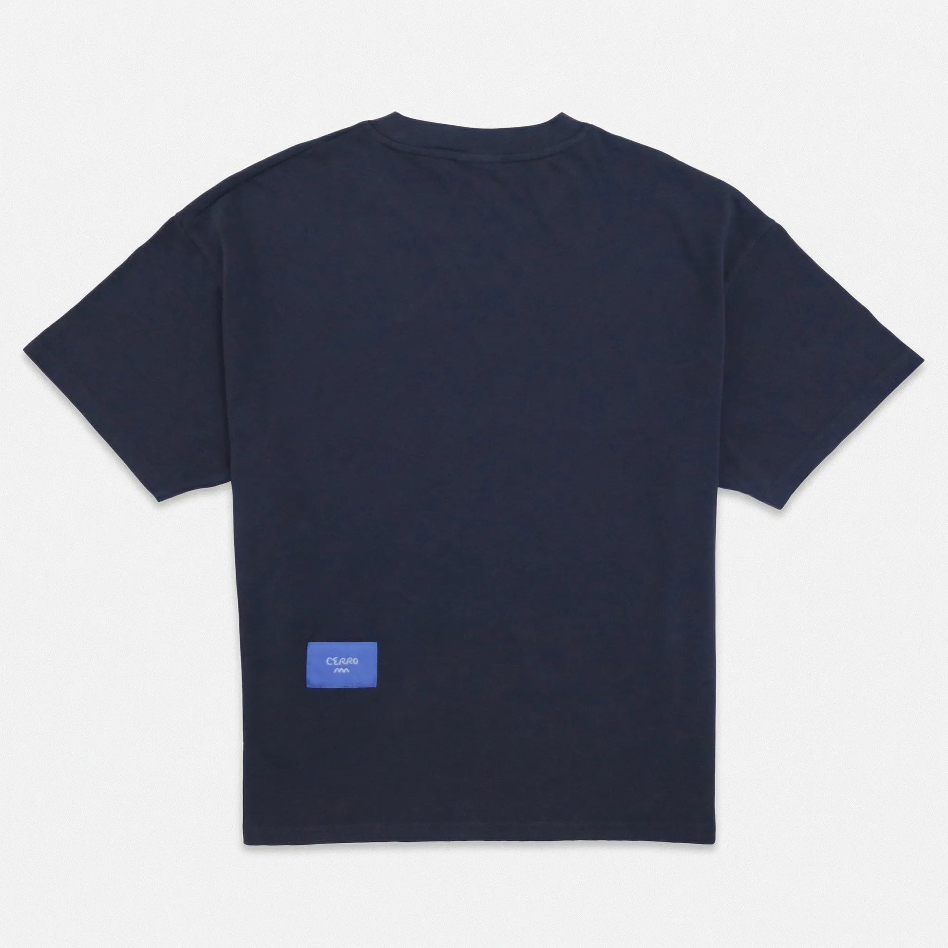 Navy blue t-shirt with a small logo on the back against a white background