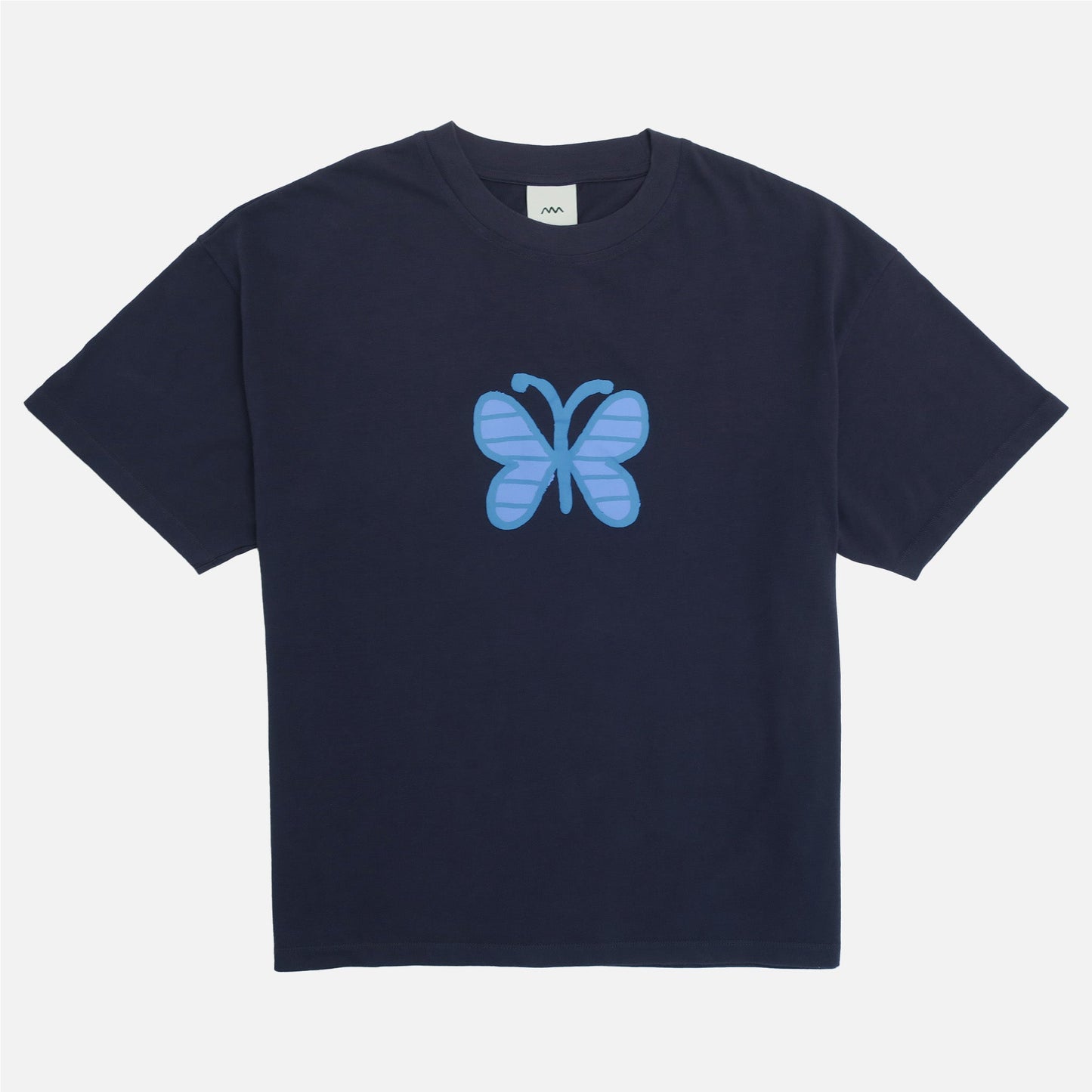 Navy blue t-shirt with a blue butterfly design on a white background