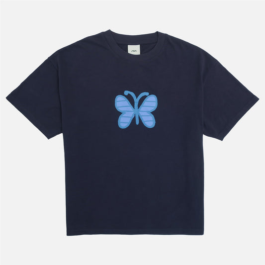 Navy blue t-shirt with a blue butterfly design on a white background