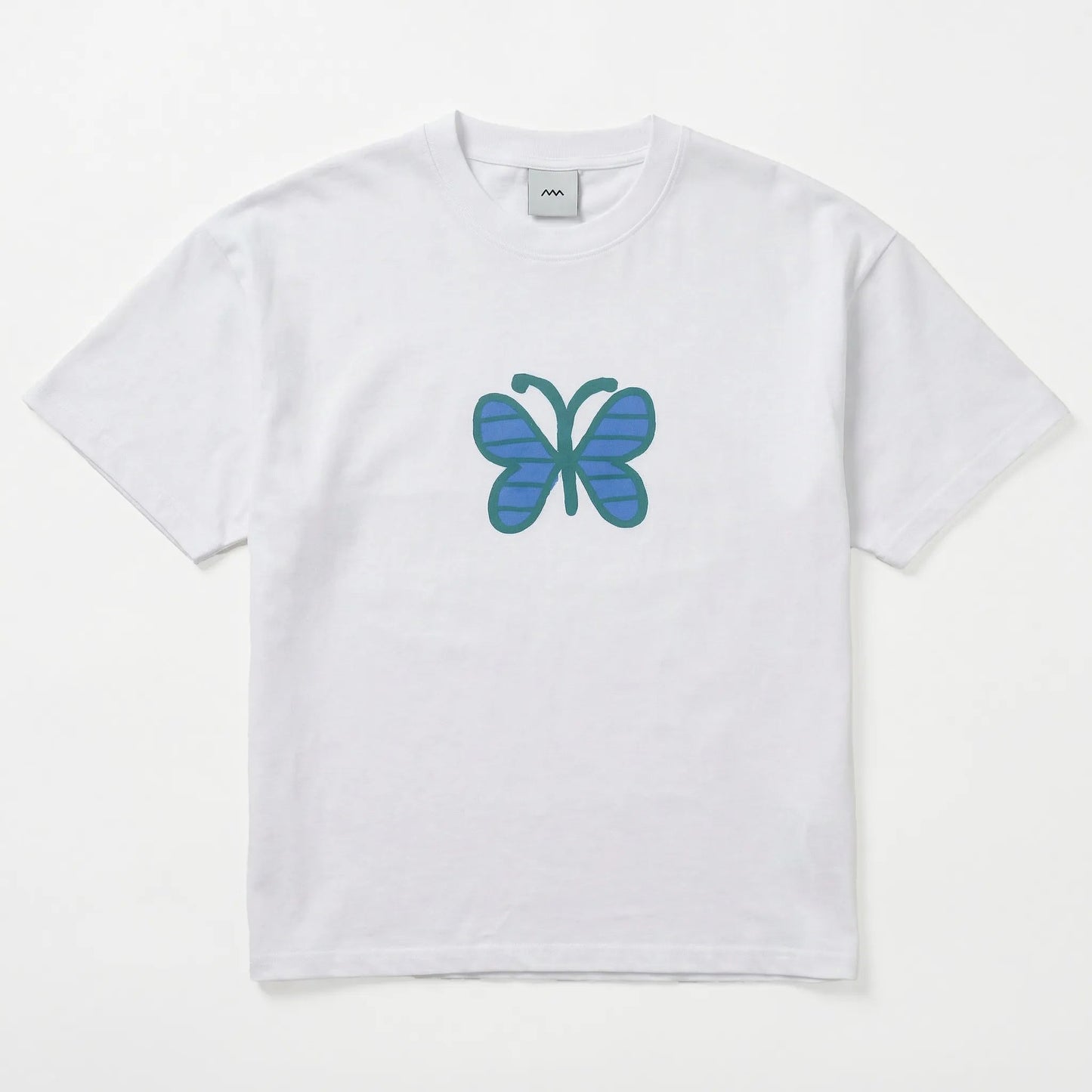 White t-shirt with a blue butterfly graphic on a white background