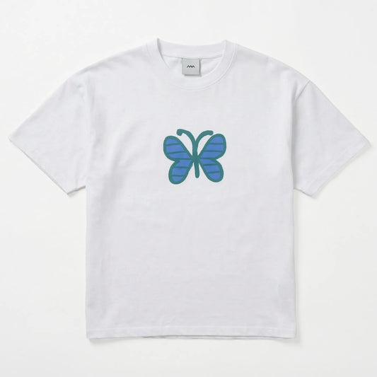 White t-shirt with a blue butterfly graphic on a white background