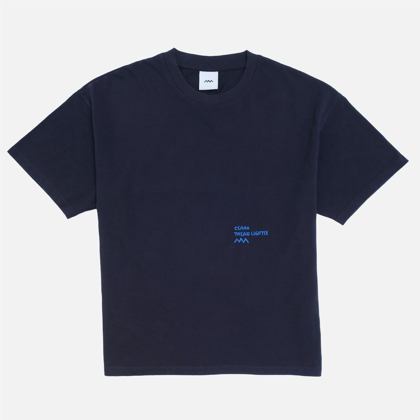 Navy blue t-shirt with a small blue embroidered logo and text on a white background