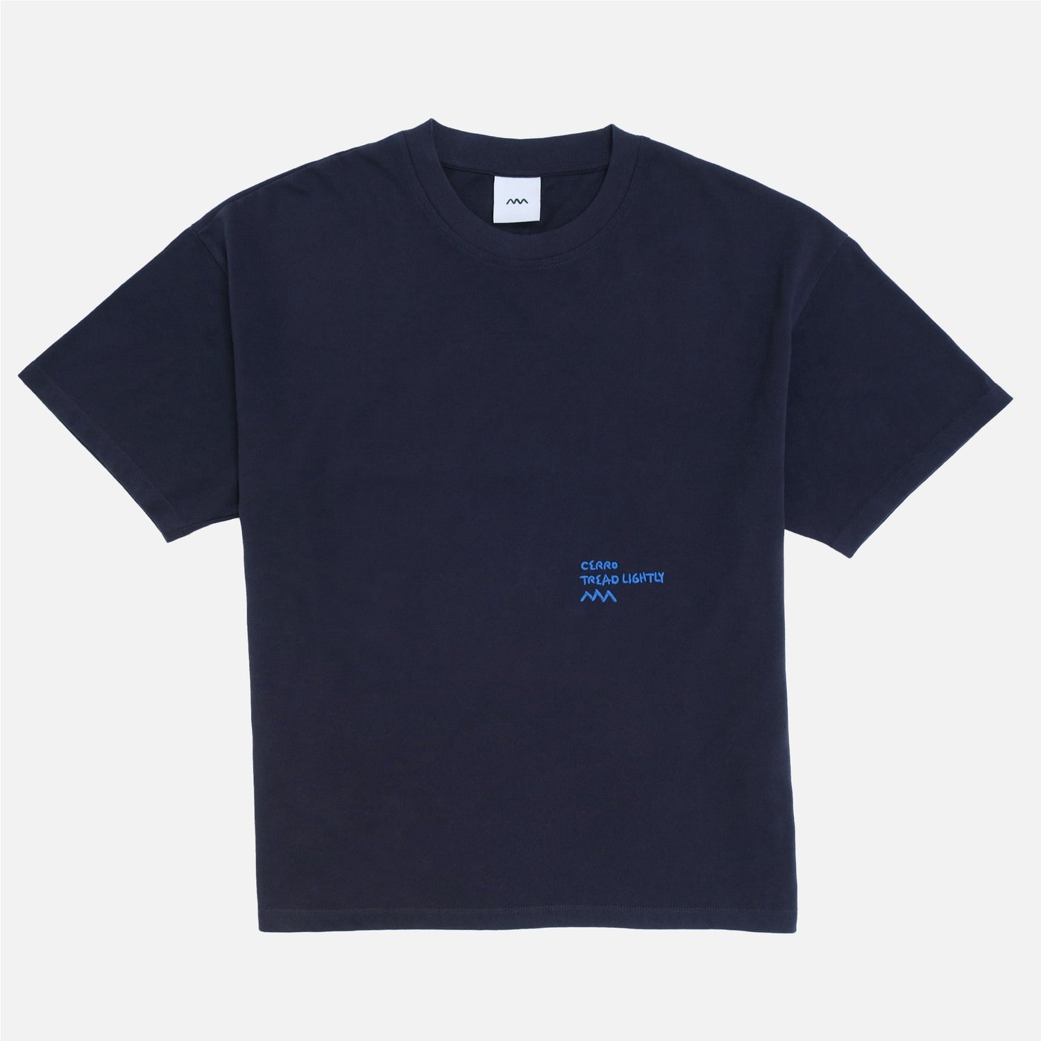 Navy blue t-shirt with a small blue embroidered logo and text on a white background