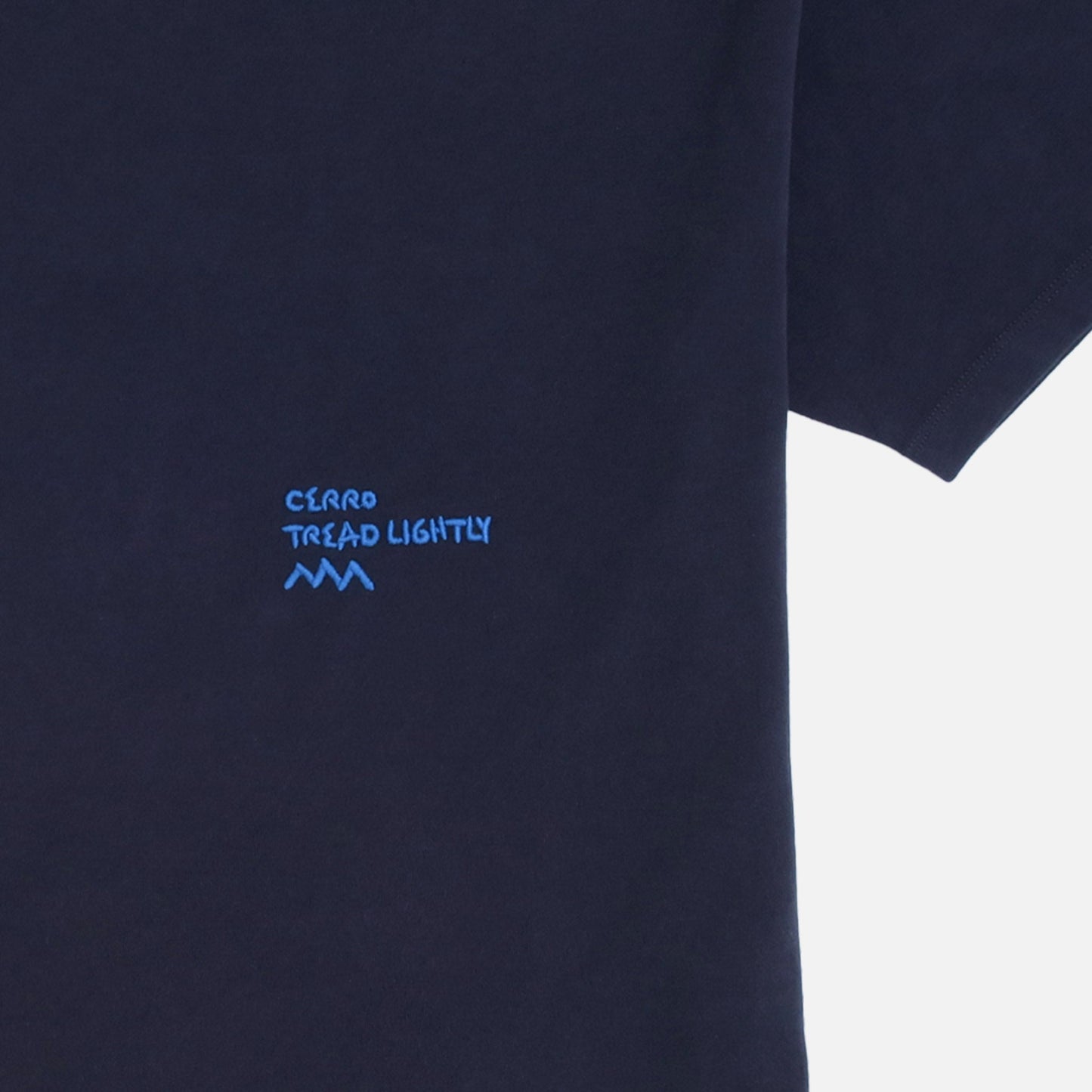 Navy blue t-shirt with blue text and logo on a white background