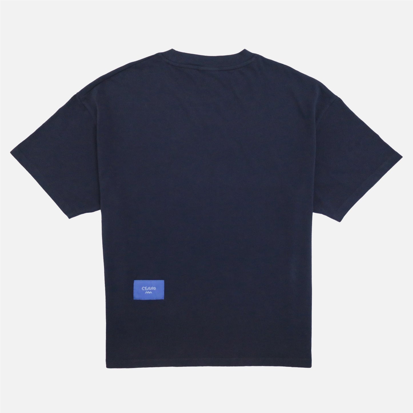 Navy blue t-shirt with a small blue logo on the back against a white background