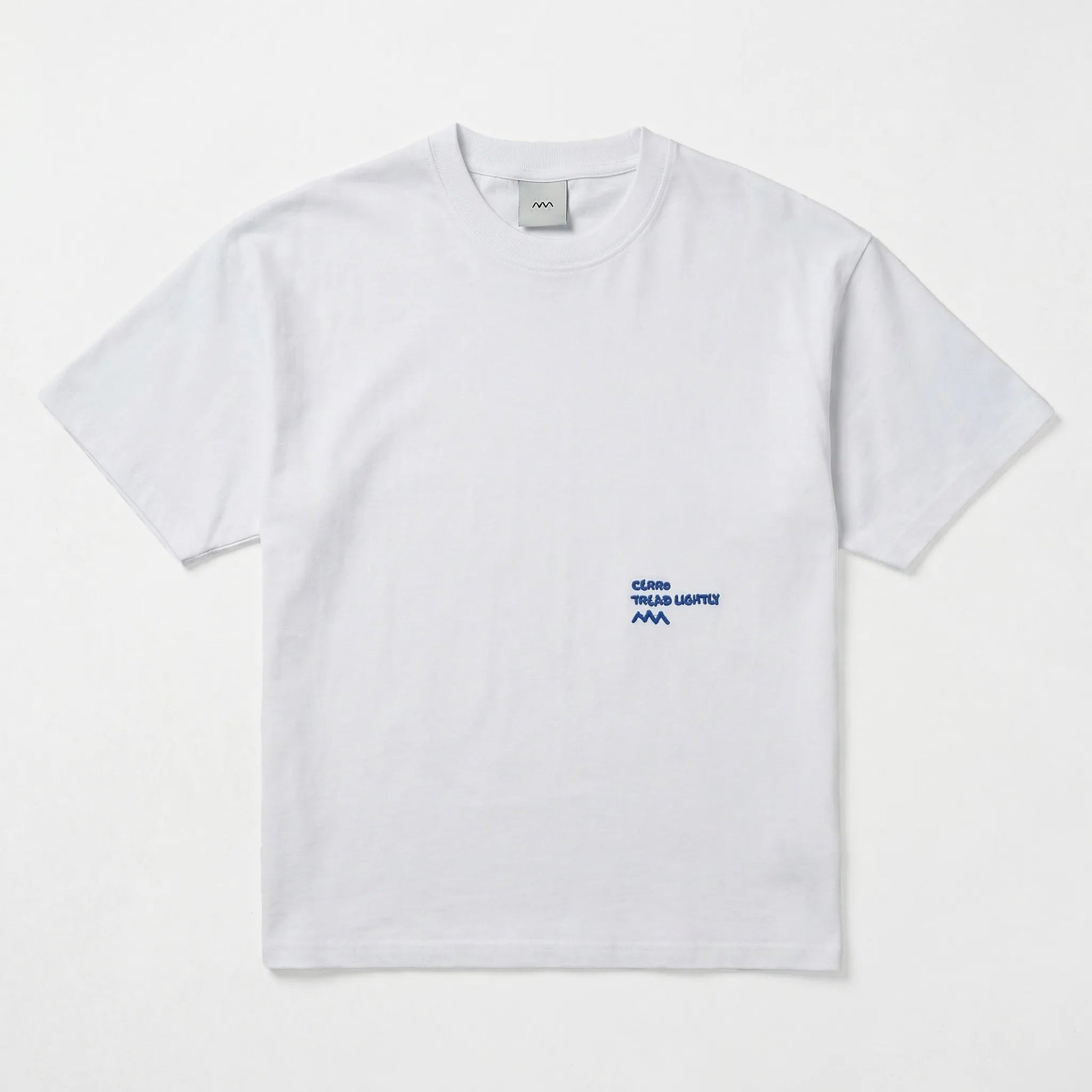 White t-shirt with blue text and logo on a white background