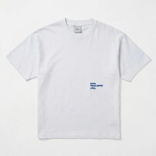 White t-shirt with blue text and logo on a white background