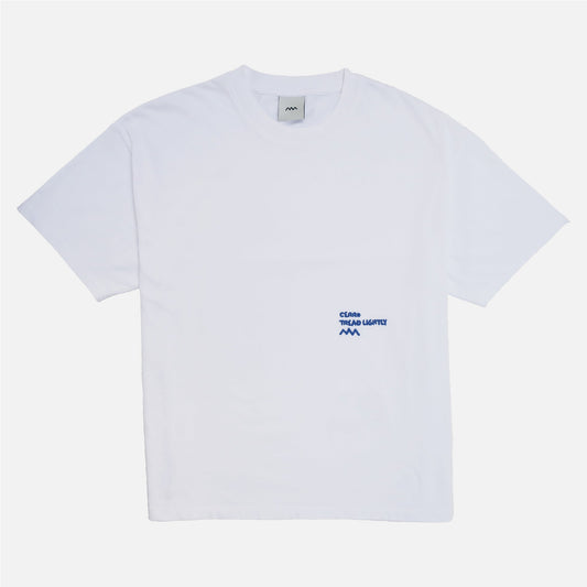 White t-shirt with blue embroidered text and a small logo on a white background