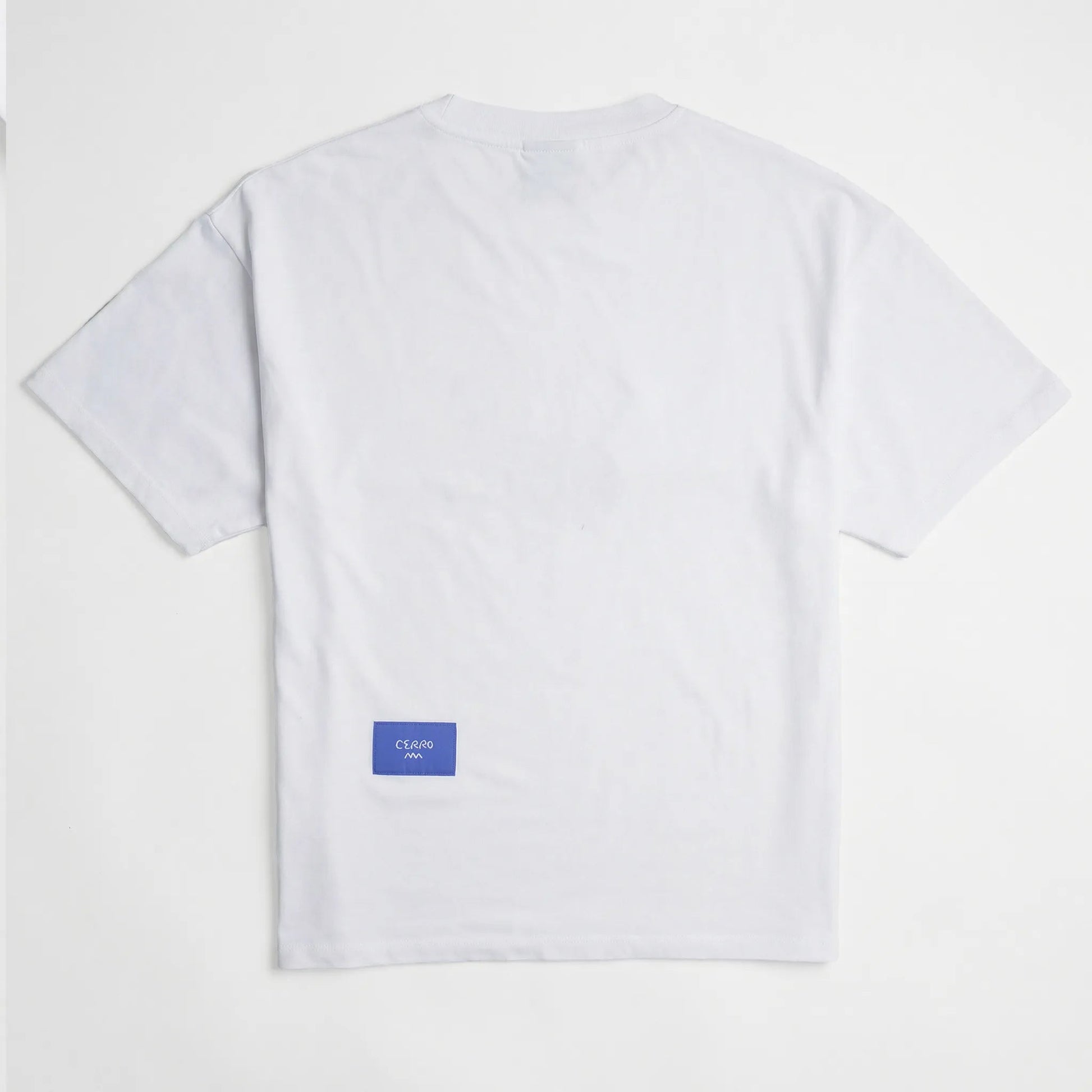 White t-shirt with a blue logo on the back against a white background