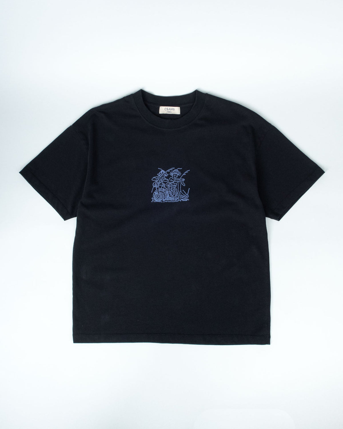 A black short-sleeve crewneck t-shirt with a small blue graphic print on the left chest, displayed flat against a light gray background.