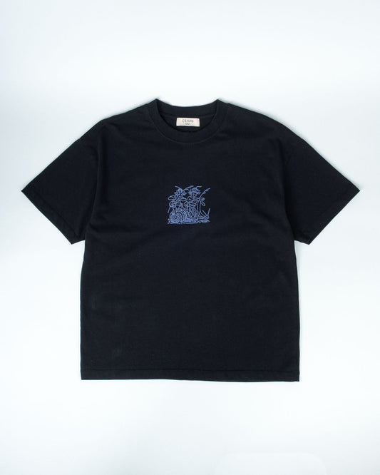 A black short-sleeve crewneck t-shirt with a small blue graphic print on the left chest, displayed flat against a light gray background.