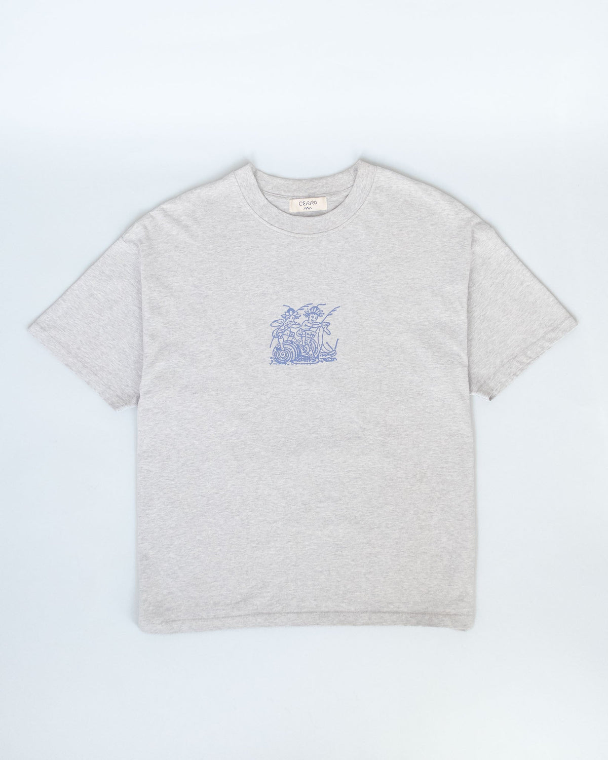 A light heather gray short-sleeve crewneck t-shirt with a small blue graphic print on the left chest, laid flat against a light gray background.